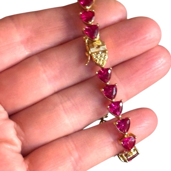 18k Yellow gold plt Sterling Silver Bracelet Lab Ruby heart tennis bracelet UTC - Picture 2 of 8